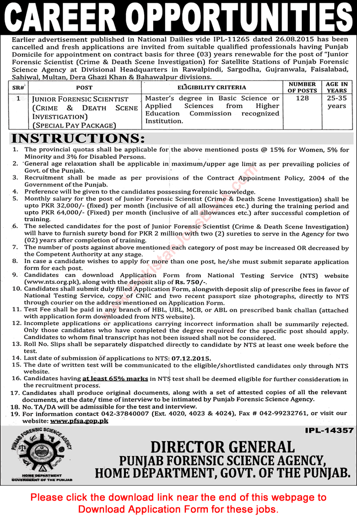 Punjab Forensic Science Agency Jobs November 2015 NTS Junior Forensic Scientist Application Form 